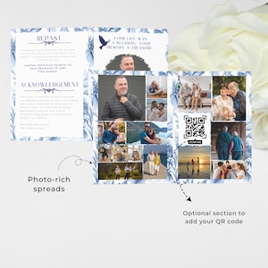 May include: A blue and white floral patterned memorial card with a photo collage of a man and his family. The card includes the text "Your life was a blessing, your memory a treasure" and "Repast" with details about the location and date. The card also includes a QR code with the text "Scan Me".