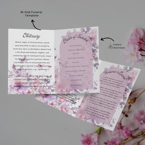 Puede incluir: Una plantilla de funeral plegable imprimible con un dise&ntilde;o floral en tonos rosa y morado. La plantilla incluye una secci&oacute;n de obituario, un orden de servicio y un poema "Forever Loved".