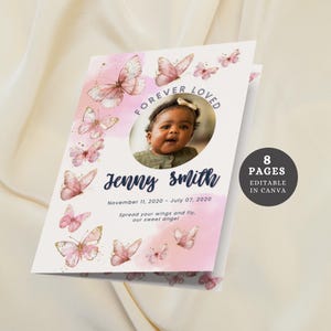Modello Canva per programma funebre Butterfly Baby, necrologio modificabile per bambini, programma per cerimonia commemorativa per la perdita di un neonato, servizio funebre per la perdita di un neonato in rosa