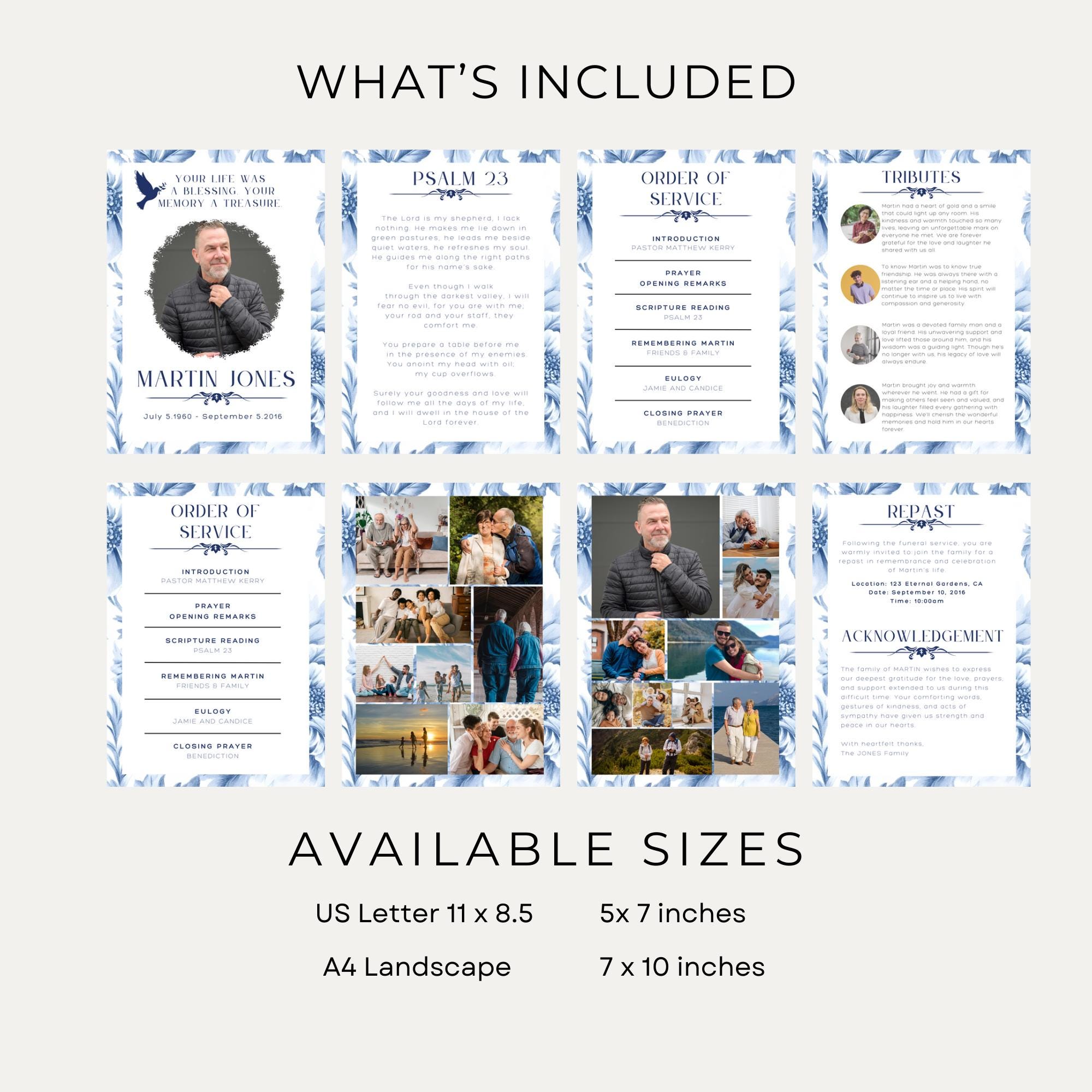 Blue Obituary Template Canva Editable Funeral Program Template for