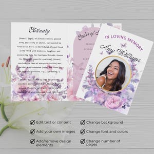 Puede incluir: Una plantilla imprimible para un programa de servicio conmemorativo o un folleto de funeral. La plantilla presenta un dise&ntilde;o floral morado y blanco con mariposas y un espacio reservado para una foto. El texto "En memoria cari&ntilde;osa" y "Orden del servicio" se incluye en el dise&ntilde;o.