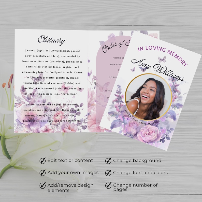 Puede incluir: Una plantilla imprimible para un programa de servicio conmemorativo o un folleto de funeral. La plantilla presenta un dise&ntilde;o floral morado y blanco con mariposas y un espacio reservado para una foto. El texto "En memoria cari&ntilde;osa" y "Orden del servicio" se incluye en el dise&ntilde;o.