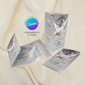 Modèle de toile de programme de funérailles céleste à trois volets Nécrologie modifiable pour homme, brochure funéraire bricolage pour service commémoratif, célébration de retour à la maison