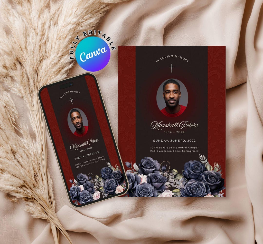 Red Funeral Evite Canva Template, Celebration of Life Announcement ...