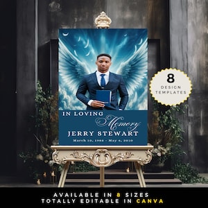 May include: A blue and white memorial poster with a photo of a man in a suit with angel wings behind him. The text reads "In Loving Memory Jerry Stewart March 10, 1988 - May 6, 2010".
