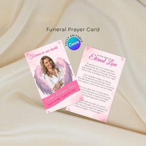 Modèle de toile pour carte de prière funéraire ailes d'ange rose, carte commémorative modifiable, souvenir nécrologique, carte de célébration de la vie imprimable pour femme