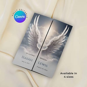 Puede incluir: Tarjeta conmemorativa con alas de ángel blancas sobre un fondo de cielo nublado. La tarjeta está dividida, con los nombres "Isaiah" y "Lewis" y fechas de nacimiento y defunción. El logotipo de Canva está en la esquina superior izquierda. Texto: "Disponible en 4 tamaños."