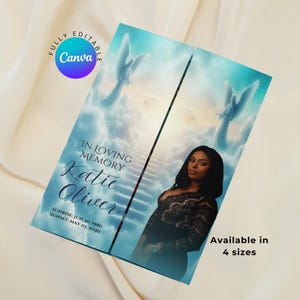 Heaven Memorial Stairway Gatefold Funeral Program Canva Template Editable Order of Service, Celebration of Life, Clouds Obituary Template
