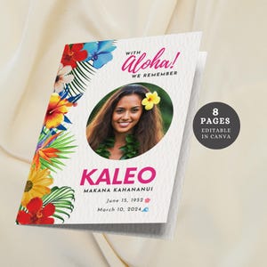 Plantilla de programa funerario hawaiano, folleto de celebración de la vida, editable en Canva Design para servicio conmemorativo, plantilla de obituario floral