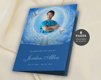 Blue Clouds Memorial canvas sjabloon gevouwen programma, brochure Viering van het leven, aangepast overlijdensbericht, Afdrukbare uitvaartbedankjes