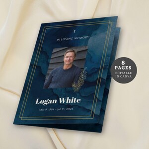 May include: A navy blue memorial card with gold trim and the text "IN LOVING MEMORY". The card features a photo of a man and the text "Logan White, Mar 9, 1994 - Jul 25, 2022". The card is labeled "8 PAGES EDITABLE IN CANVA".