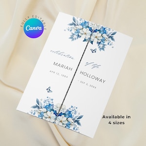 Blue Floral Funeral Program Template for Women, Gatefold Canva Obituary, DIY Celebration of Life Pamphlet, Printable Memorial Program