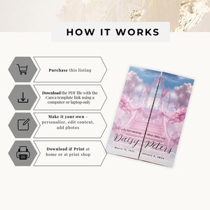 May include: A pink and white printable memorial template for Canva. The template features a pink and white gate with a stairway leading up to a cloudy sky. The text "Celebrating the life of Daisy Peters" is printed on the template. The dates "March 15, 1992 - January 8, 2024" are also printed on the template.