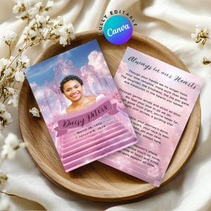 Cartes de prière funéraires célestes roses imprimables, modèle de toile modifiable de cartes commémoratives, carte de décès pour la célébration de la vie, souvenir funéraire