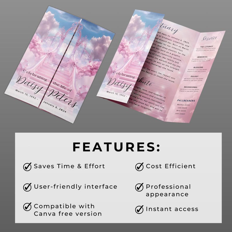 May include: A pink and white funeral program template with a photo of a stairway to heaven. The program includes the text "Celebrating the life of Daisy Peters" and the dates "March 15, 1992 - January 8, 2024".