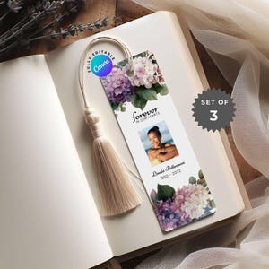 May include: Set of 3 memorial bookmarks with a photo, floral design, and the text "forever in our hearts." Each bookmark features a tassel and the text "Linda Patterson 1950-2022."