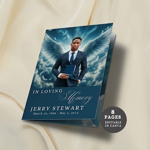 May include: A memorial card featuring a man with angel wings against a cloudy sky. The text reads "In Loving Memory" and the name "JERRY STEWART" with birth and death dates. The card is labeled "8 PAGES EDITABLE IN CANVA".