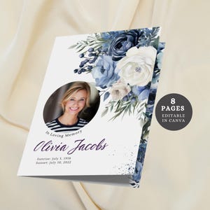 Modèle de toile modifiable indigo, programme de funérailles floral personnalisé, nécrologie pour service commémoratif, célébration de la vie, funérailles d'une femme, imprimable