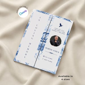 Könnte beinhalten: Eine Trauerprogramm-Vorlage mit blauem Blumenrand, dem Text IN LOVING MEMORY, einem kreisförmigen Foto einer Person, dem Namen MARTIN JONES, den Daten JUL 5 1960 und SEPT 5 2016 sowie dem Zitat YOUR LIFE WAS A BLESSING YOUR MEMORY A TREASURE.