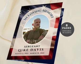 Army Veteran Funeral Program Template: Patriotic Celebration of Life (8 Page, Editable Canva)