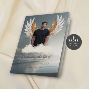 Peut inclure: Une carte de deuil avec un homme ailé sur fond de ciel nuageux et d'océan. Le texte indique "Celebrating the life of BRANDON REED" avec des dates. Un graphique circulaire indique "8 PAGES EDITABLE IN CANVA".