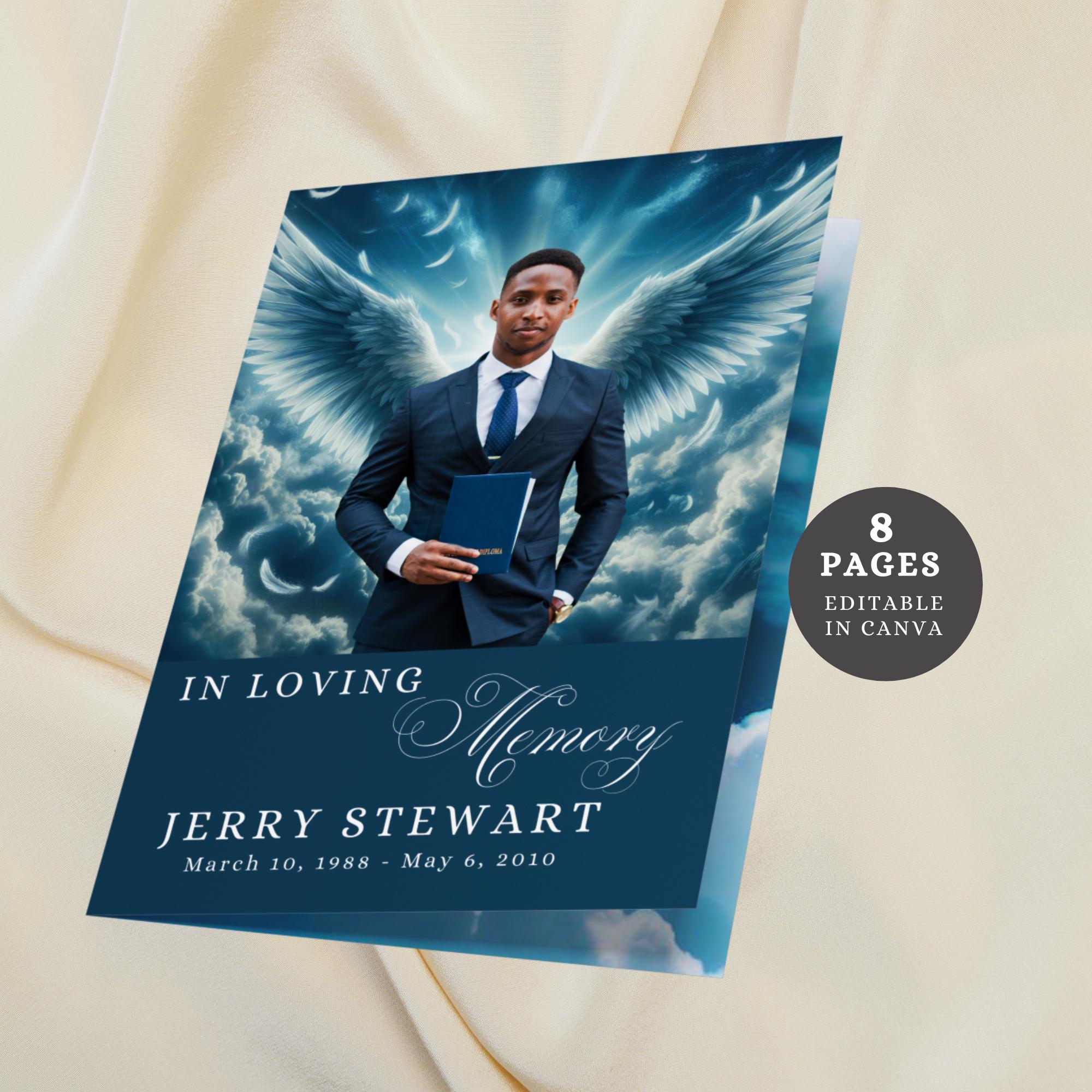 Heavenly Funeral Program Canva Template Editable Blue Memorial Service Obituary Template for Celebration of Life Funeral Designs Booklet