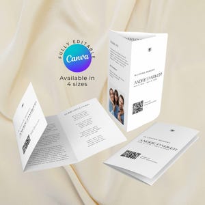 May include: White memorial cards with the text "In Loving Memory Andre Parker" and "Forever Loved". The cards are available in 4 sizes and fully editable with Canva. A photo of three people is included.