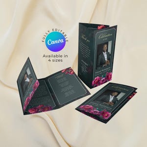 Może przedstawiać: Karty pamiątkowe ze zdjęciem, ozdobione różowymi kwiatami i napisem "Celebration of Life". Dostępne w czterech rozmiarach, z logo Canva i tekstem "Thank you".