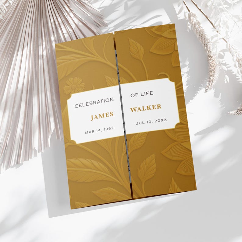 Gold Funeral Program Template Canva Editable Gatefold Obituary Brochure ...