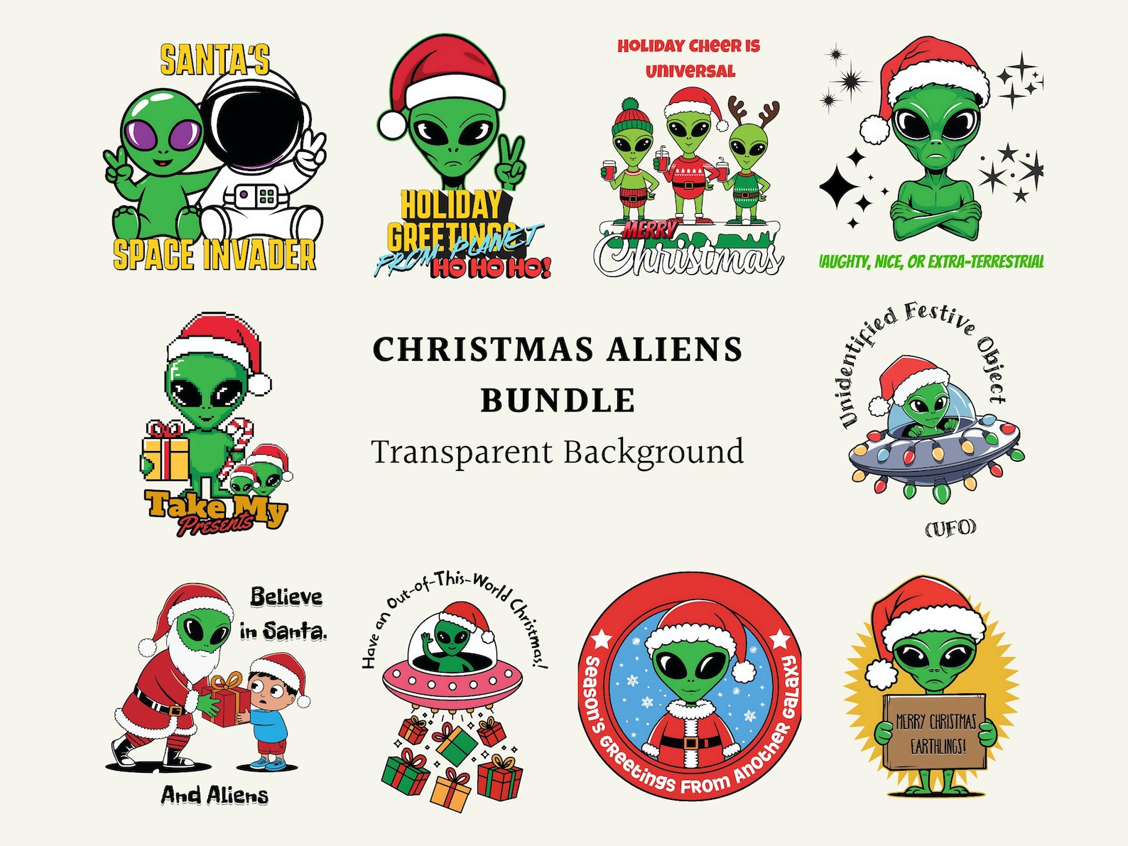 Funny Christmas PNG Quirky Alien PNG Bundle Festive Holiday Designs ...