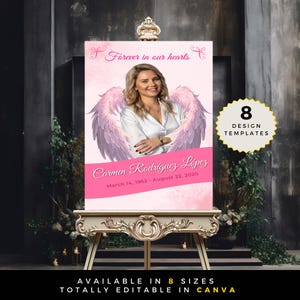 Plantilla de letrero de bienvenida para funeral en rosa celestial, póster conmemorativo con alas de ángel, letrero de caballete personalizado para celebrar la vida.