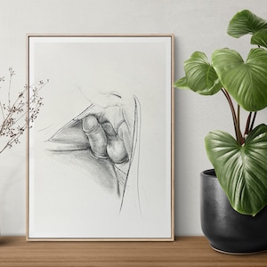 May include: A black and white pencil drawing of a nude figure, with the focus on the torso and a hand.