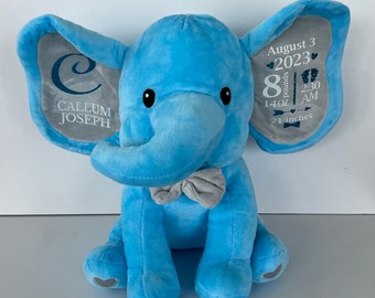 Personalized Blue Elephant Baby Birth Stats Plush Toy, Keepsake Gift