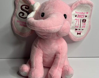 Personalized Pink Elephant Baby Birth Stats Plush Toy – Keepsake Baby Girl Gift