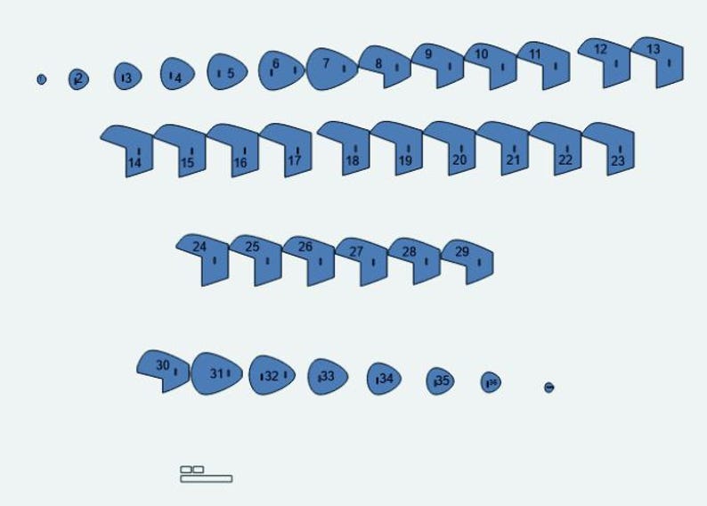 May include: A diagram of blue shapes, including teardrops, rounded rectangles, and L-shapes, numbered from 1 to 36. The shapes are arranged in rows and columns on a light blue background.