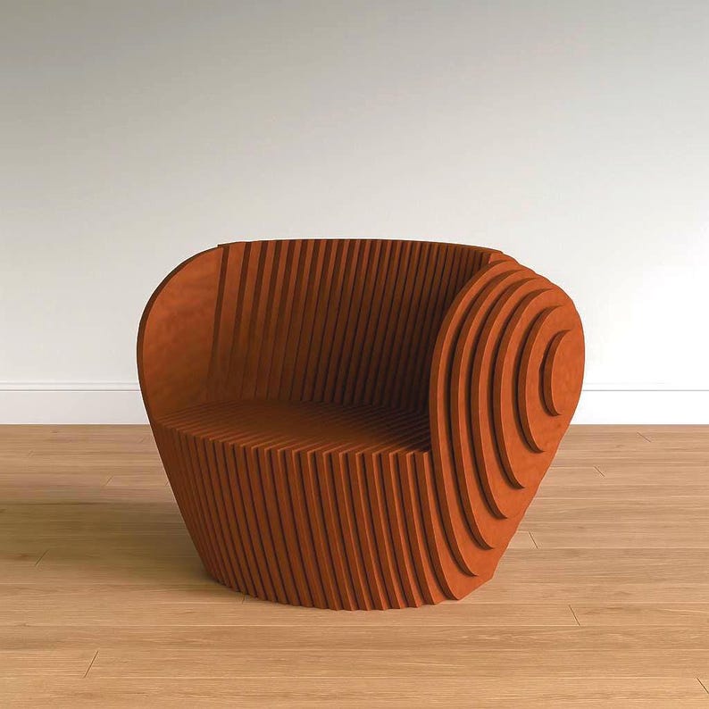 May include: A modern, sculptural chair in a warm terracotta color. The chair features a unique design with vertical slats forming the seat and back, and a curved, layered armrest. The chair is set against a neutral wall and wooden floor.