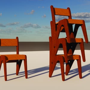 Può includere: Sedie in legno in una calda tonalità marrone. Una sedia è da sola, mentre tre sono impilate. Le sedie hanno un design semplice e moderno con schienale rettangolare e supporto del sedile curvo. Lo sfondo è un cielo azzurro con nuvole.