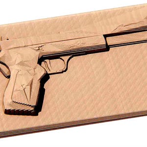 May include: A wooden carving of a handgun, meticulously etched into a rectangular block of light-colored wood. The pistol is depicted in detail, with visible features like the trigger, grip, and slide. The carving showcases a textured surface and precise lines.