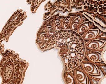 Layered Mandala World Map Wall Art – 3mm Plywood, Laser Cut, Boho Globe Decor