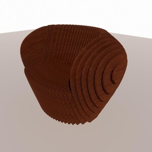 May include: A brown, modern-style chair with a unique design. The chair is constructed from layered, curved wooden pieces, creating a textured surface. The chair's form is rounded, with a seat and backrest.
