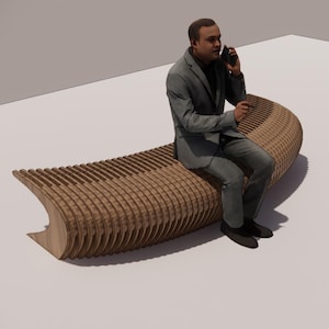 May include: A curved wooden bench with a slatted design. The bench is made of light brown wood and has a unique, flowing shape. The bench is designed for outdoor or indoor use.