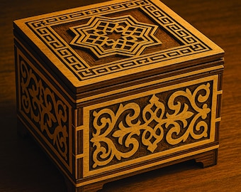 Oriental Laser Cut Jewelry Box DXF – Decorative Wooden Box for CNC – 4mm Plywood, 102×92×60 mm