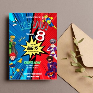 Convite editável de aniversário de super-heróis, convite para festa de aniversário infantil, modelo Canva para download digital instantâneo.