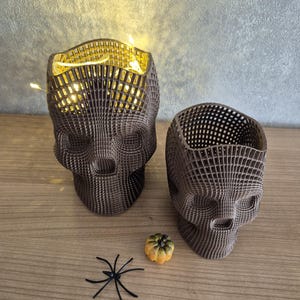 Puede incluir: Dos contenedores en forma de calavera impresos en 3D de color marrón. El contenedor de la izquierda tiene una cadena de luces en su interior. El contenedor de la derecha está vacío. Una pequeña calabaza naranja y una araña negra están sobre una superficie de madera.