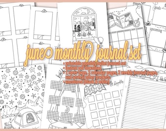 Páginas imprimibles mensuales de Bullet Journal de junio / Tema de camping / Planificador prediseñado / Descarga instantánea / Sin colorear / Tamaño A5