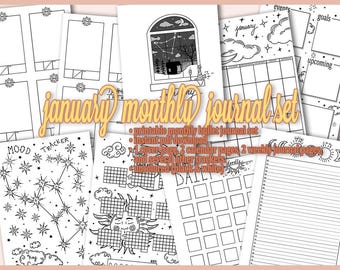 Páginas imprimibles del Bullet Journal mensual de enero / Tema celestial / Planificador prediseñado / Descarga instantánea / Sin colorear / Tamaño A5