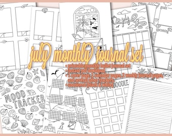 Páginas imprimibles mensuales de Bullet Journal de julio / Tema playero / Planificador prediseñado / Descarga instantánea / Sin colorear / Tamaño A5