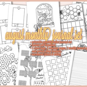 August Monthly Printable Bullet Journal Pages | Bee & Honey Theme | Premade Planner | Instant Download | Uncolored | A5 Size