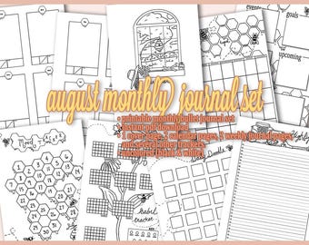 Páginas imprimibles mensuales de Bullet Journal de agosto / Tema de abejas y miel / Planificador prediseñado / Descarga instantánea / Sin colorear / Tamaño A5