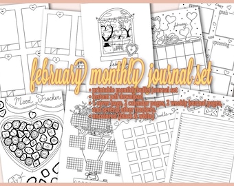 Páginas imprimibles del Bullet Journal mensual de febrero / Tema del día de San Valentín / Planificador prediseñado / Descarga instantánea / Sin colorear / Tamaño A5